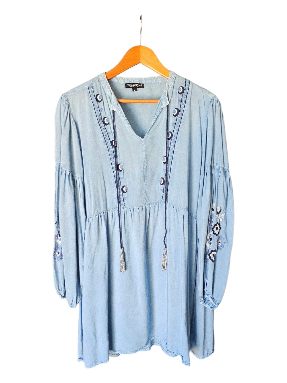 Kings Road Rayon Tunic Top Large Blue Embroidered Boho Peasant Tassel Festival